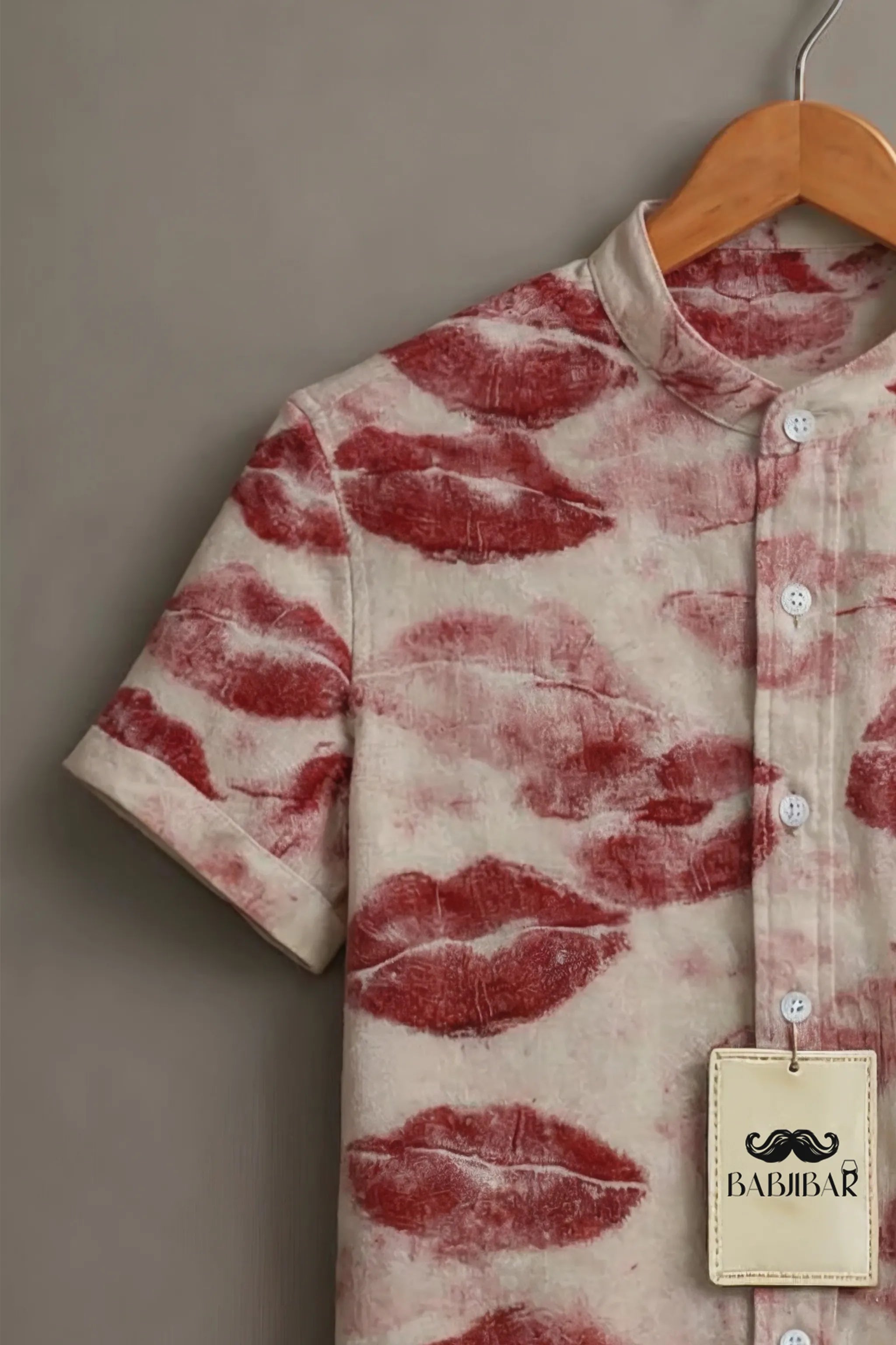 Men’s Cream Lip Print Mandarin Collar Shirt