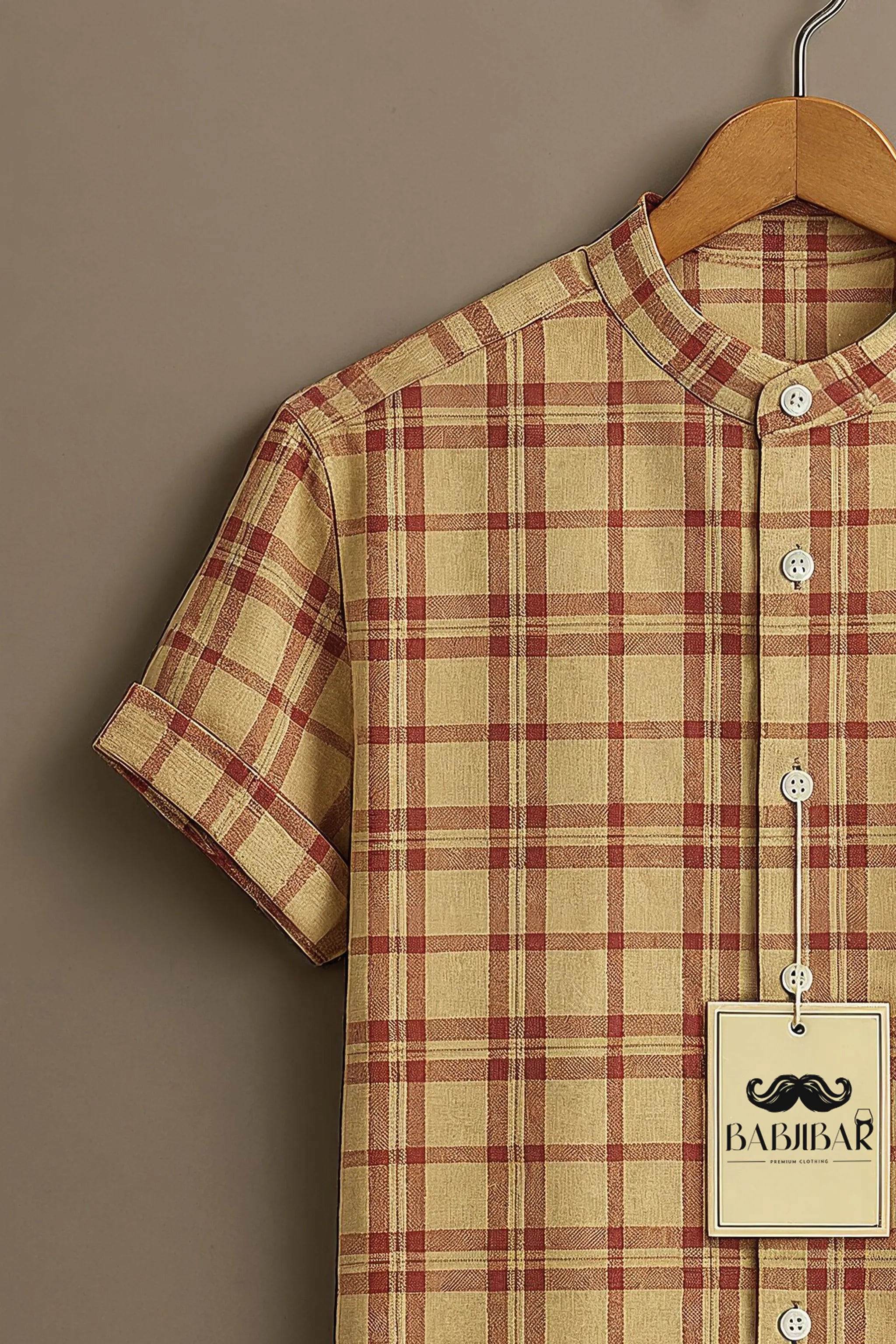 Beige Red Checkered Short Sleeve Shirt