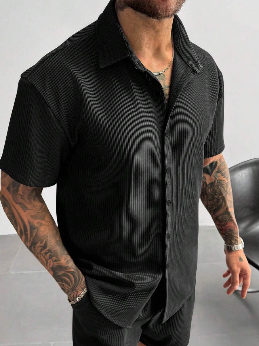 Men’s Ribbed Texture Half Sleeve Shirt – Midnight Black