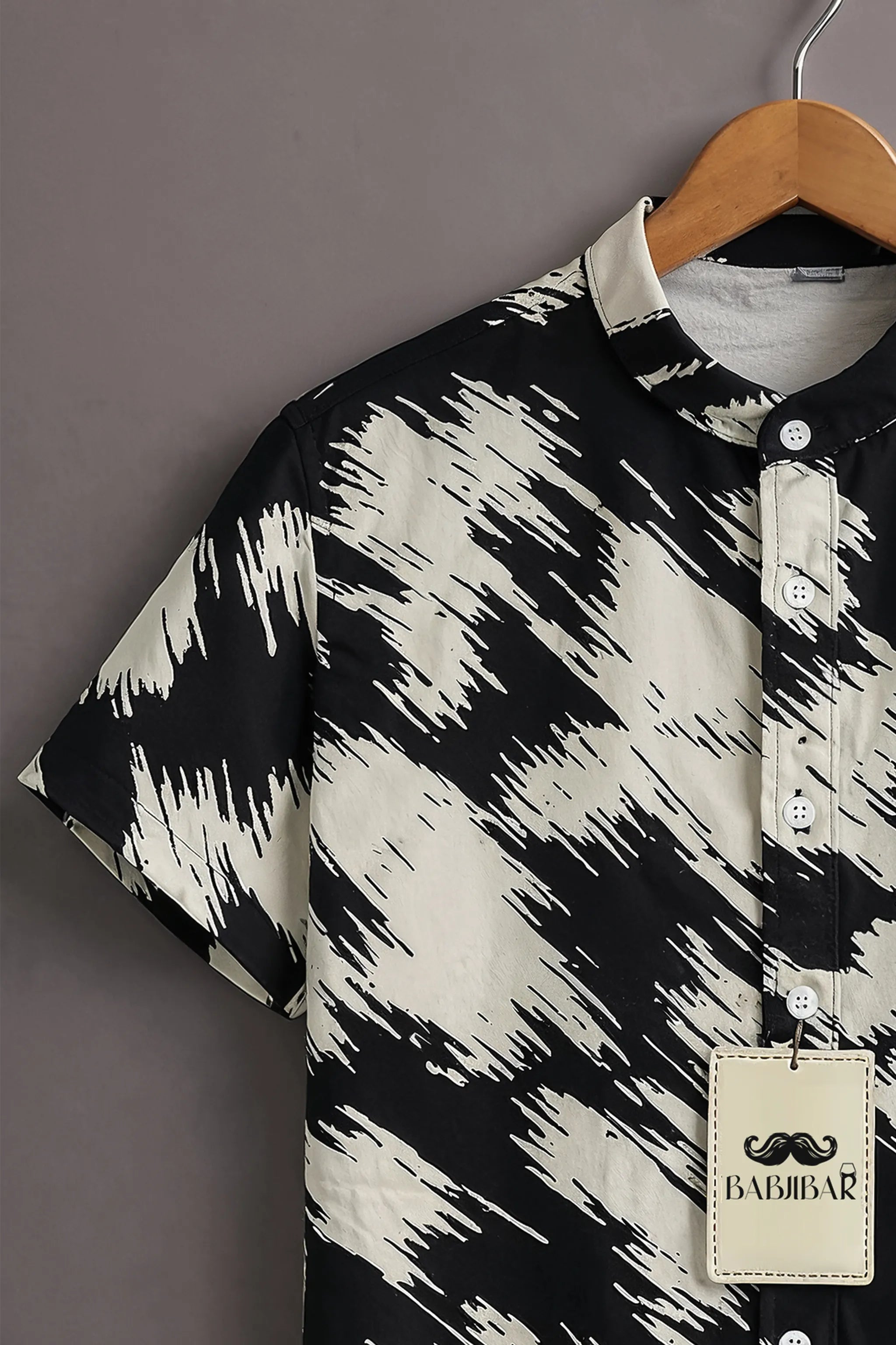 Men’s Black Abstract Brush Print Mandarin Collar Shirt