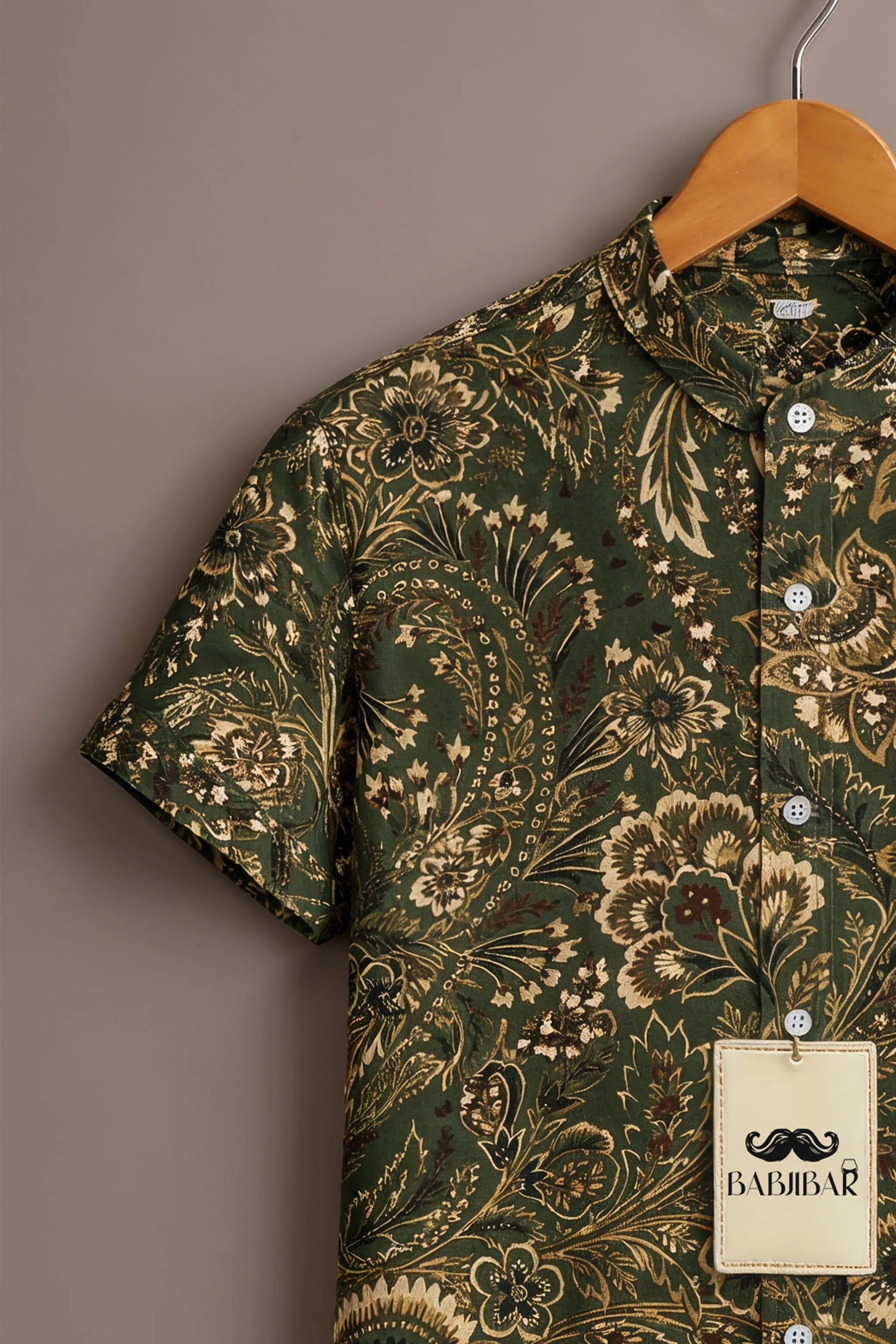 Men’s Olive Heritage Floral Mandarin Collar Shirt