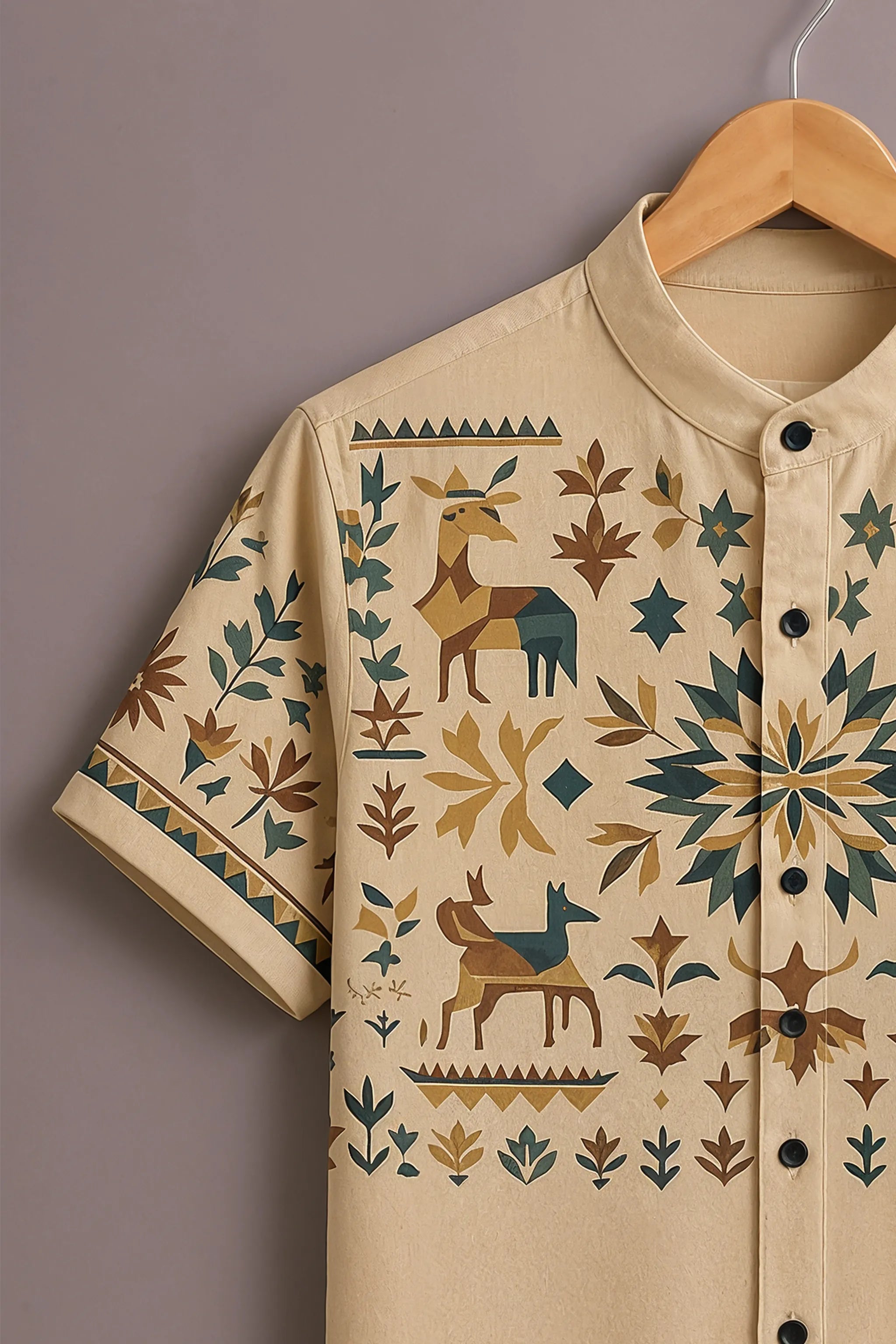 Men's Beige Deer Folk Art Printed Shirt