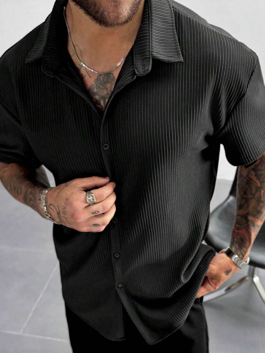 Men’s Ribbed Texture Half Sleeve Shirt – Midnight Black