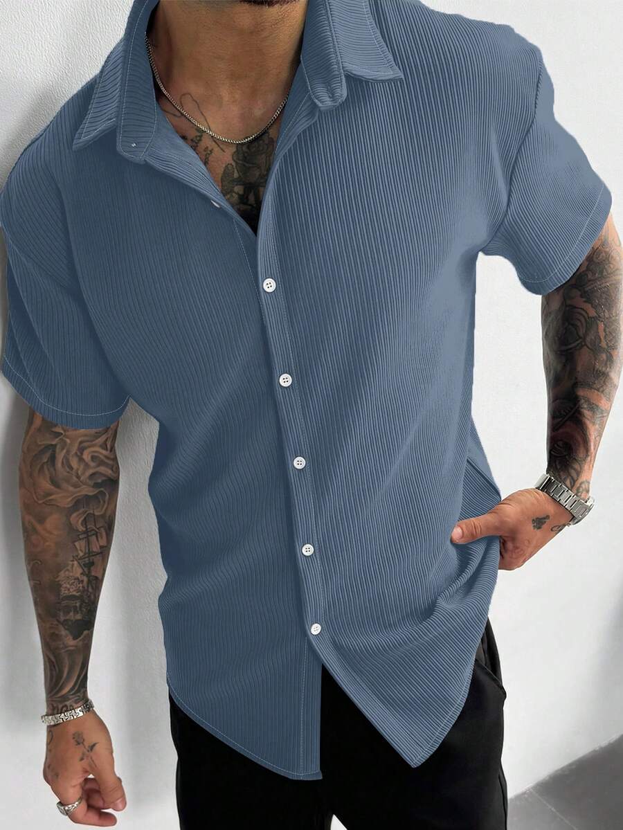 Men’s Ribbed Texture Half Sleeve Shirt – Ocean Blue