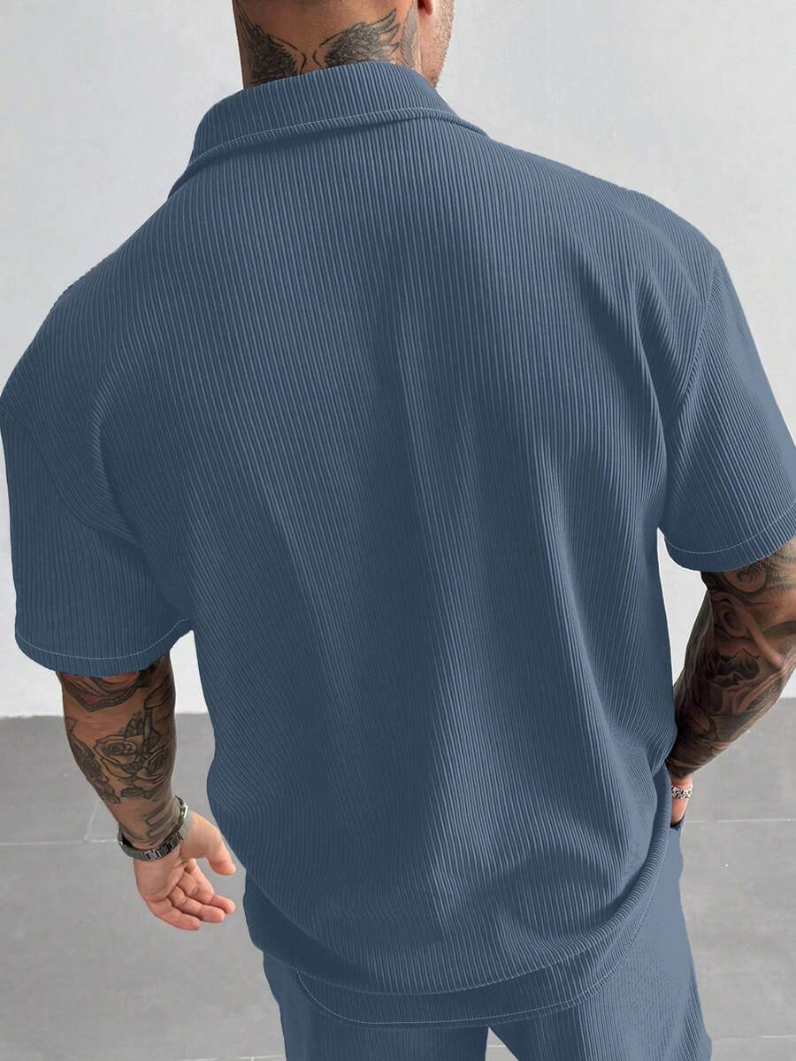 Men’s Ribbed Texture Half Sleeve Shirt – Ocean Blue