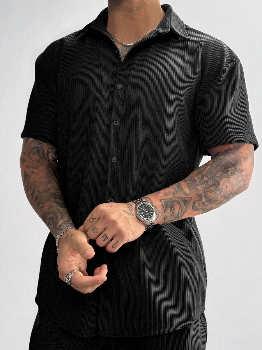 Men’s Ribbed Texture Half Sleeve Shirt – Midnight Black