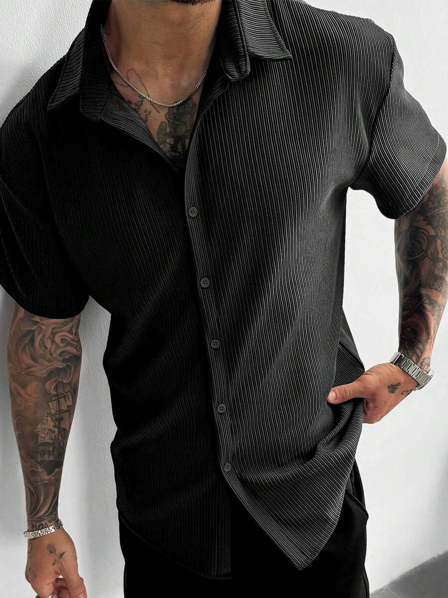 Men’s Ribbed Texture Half Sleeve Shirt – Midnight Black