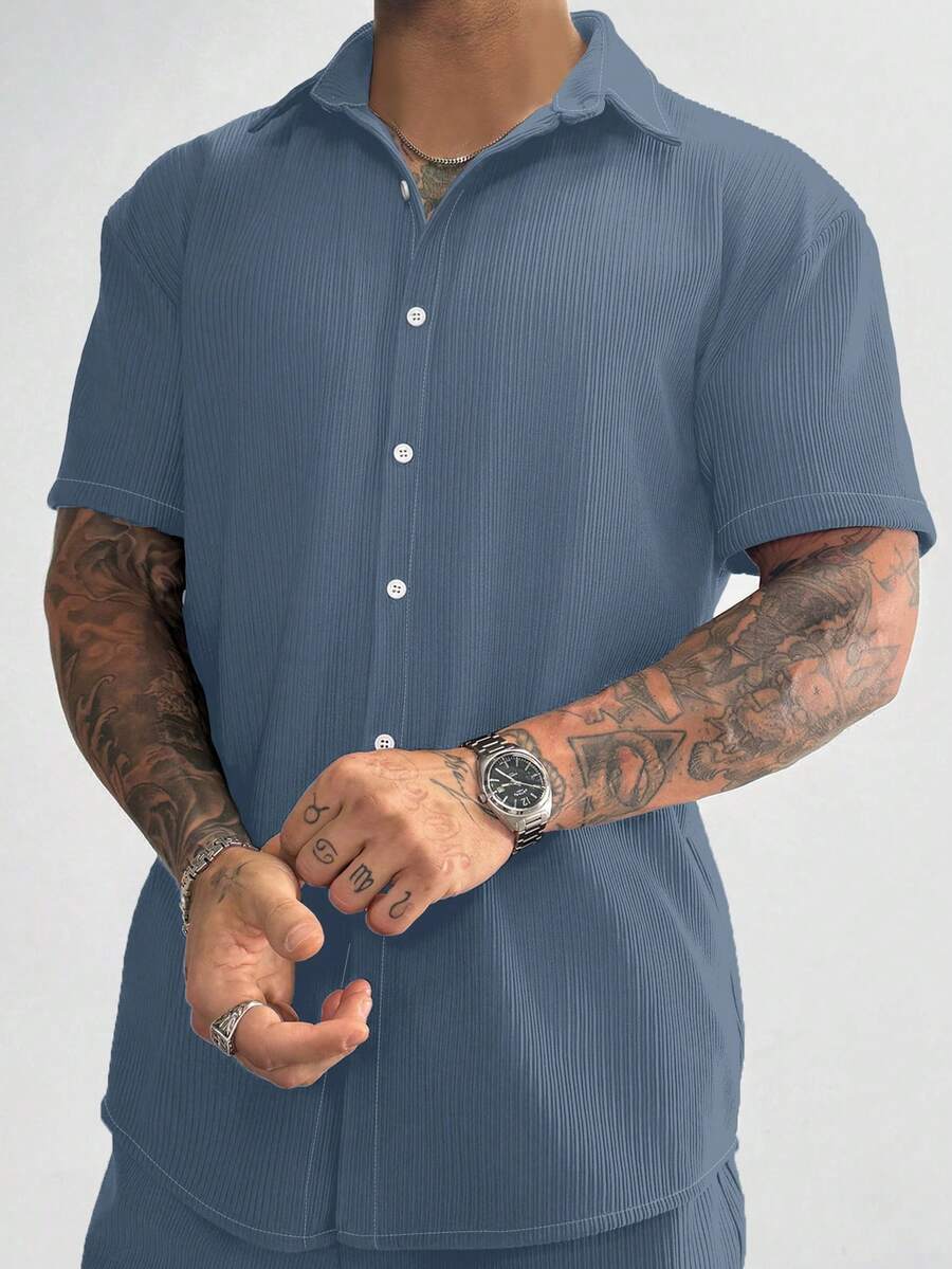 Men’s Ribbed Texture Half Sleeve Shirt – Ocean Blue