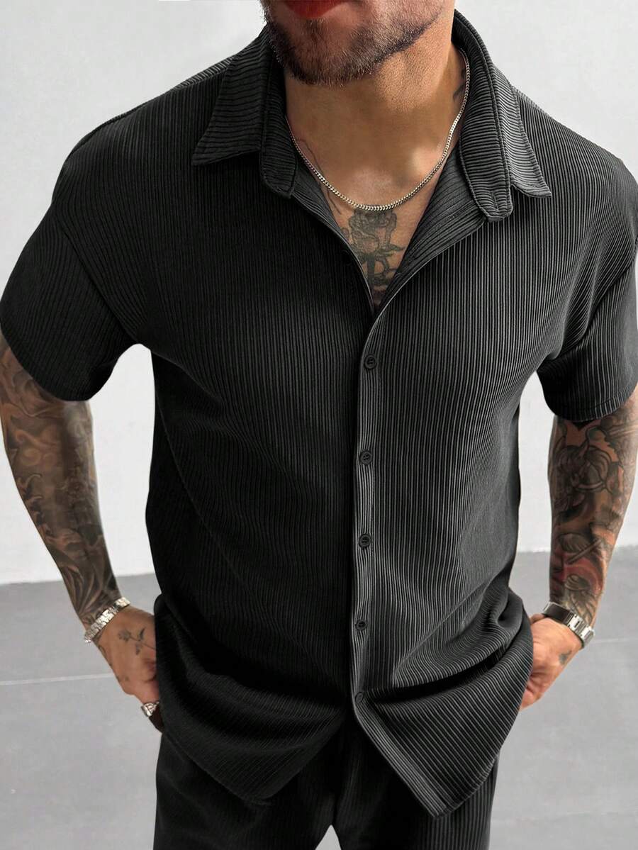 Men’s Ribbed Texture Half Sleeve Shirt – Midnight Black
