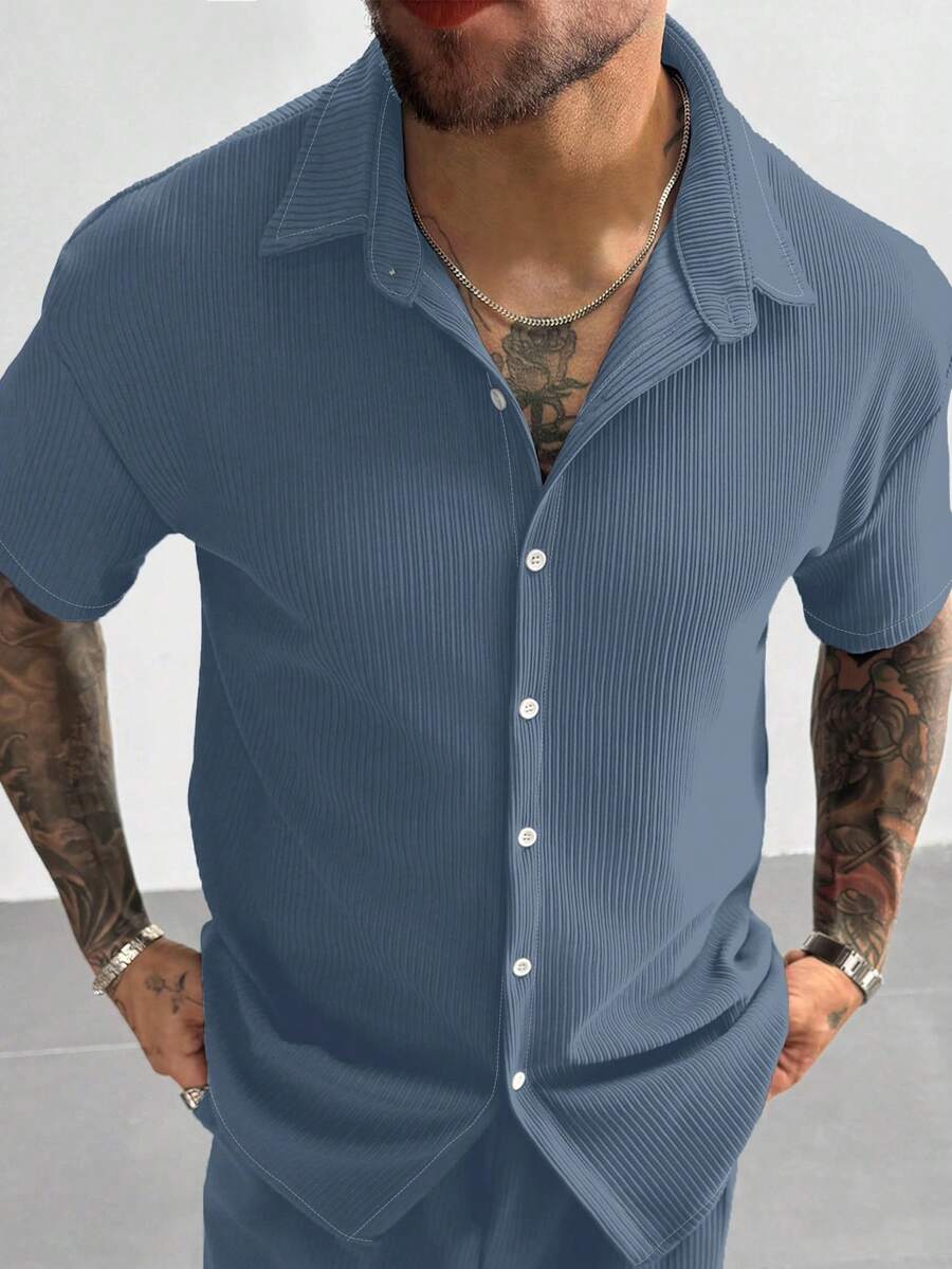 Men’s Ribbed Texture Half Sleeve Shirt – Ocean Blue
